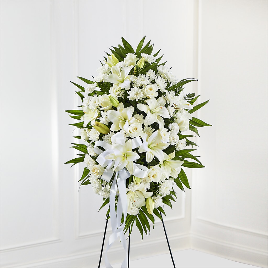 Exquisite Tribute Standing Spray-White Ribbon – Sandy Run Sndwich Shop And Florist Llc, Gaston SC